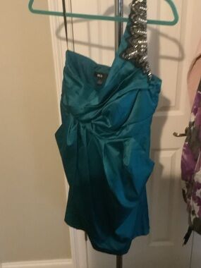 BCX Teal One-Shoulder Cocktail Dress with Beaded Strap